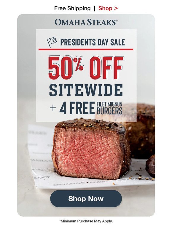 Score 50% OFF sitewide + 4 FREE filet mignon burgers & FREE shipping.