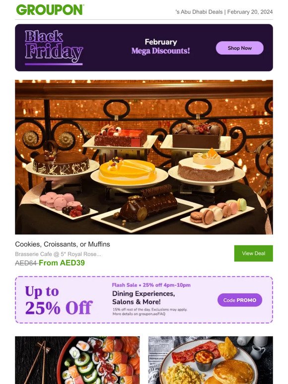 Up to an extra 25% off & more | Cookies, Croissants, or Muffins / Sushi at Celebrity Signature Restaurant at 5* Royal M Hotel