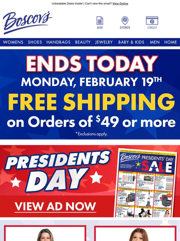 President’s Day Free Shipping $49 Ends Today