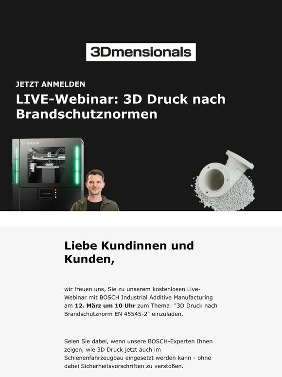 Jetzt anmelden: LIVE-Webinar zu "3D Druck nach Brandschutznormen - Mit BOSCH Industrial Additive Manufacturing"