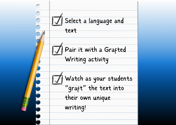 Checklist written on paper that reads "Select a language and text. Pair it with a Grafted Writing activity. Watch as your students "graft" the text into their own unique writing!"
