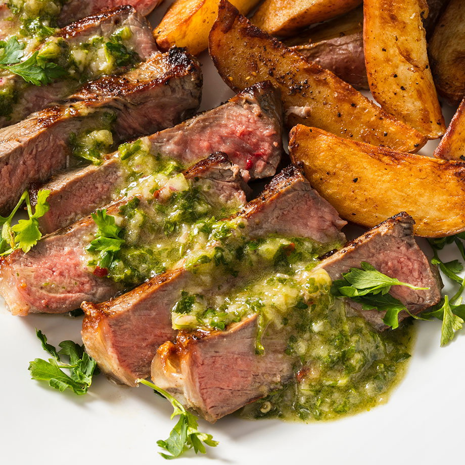 New York Strip Steak with Crispy Potatoes and Parsley Sauce