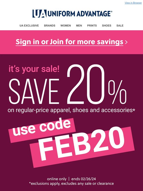 20% off APPAREL, SHOES & ACCESSORIES*