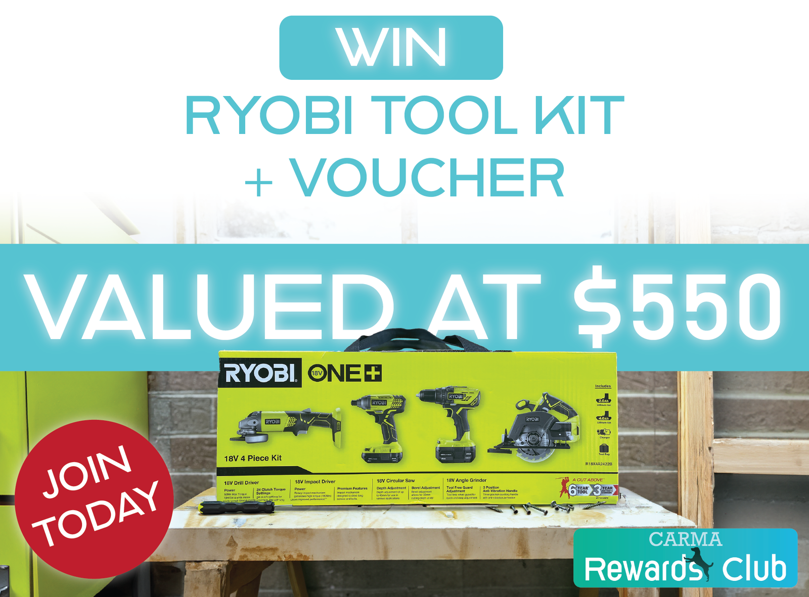 Win Ryobi 18V Kit & Voucher Win Ryobi 18V Kit & Voucher