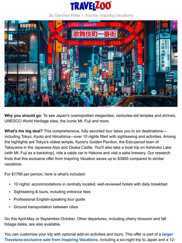 travelzoo 1799—Immersive Japan 10night guided tour, save 3900 Milled