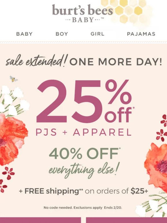 Sale extended! Last day - 25% off pjs + apparel