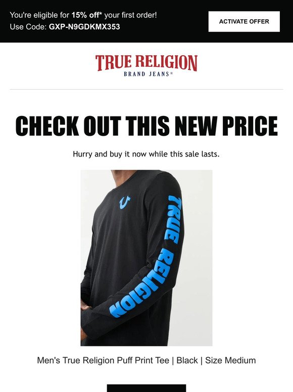 💲 Price drop! The Men's True Religion Puff Print Tee | Black | Size Medium is now on sale… 💲