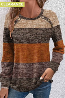 Dark Camel Button Striped Long Sleeve T Shirt