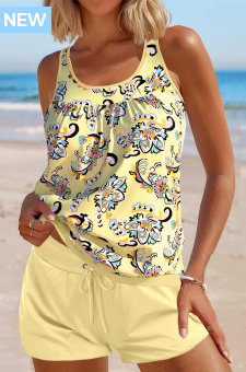 Patchwork Tribal Print Light Yellow Tankini Set