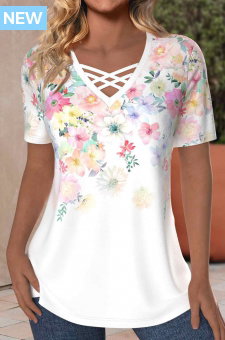 White Criss Cross Floral Print Short Sleeve T Shirt