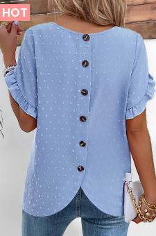 Dusty Blue Button Short Sleeve Round Neck Blouse