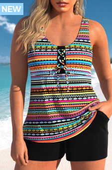 Lace Up Tribal Print Multi Color Tankini Set