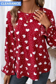 Valentine's Day Red Button Long Sleeve Round Neck Blouse