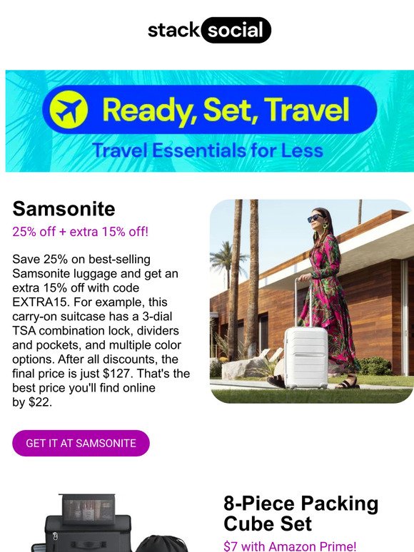Travel Savings! 25% + 15% Off Samsonite, $7 Packing Cube Set, $10 Power Strip