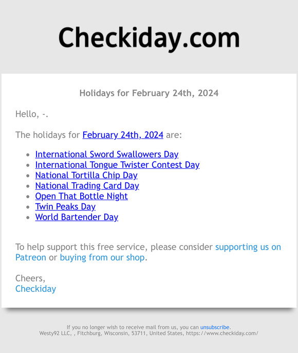 Checkiday Holidays For February 24th 2024 ёяуеёяой Milled