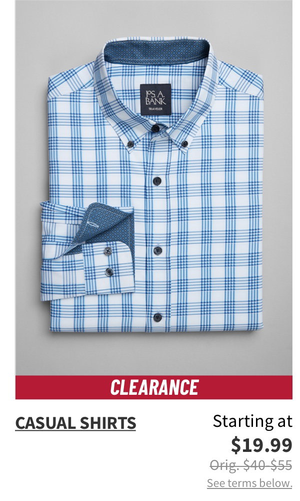 Clearance Casual Shirts Starting at $19.99 Orig. $40-$55 See terms below.