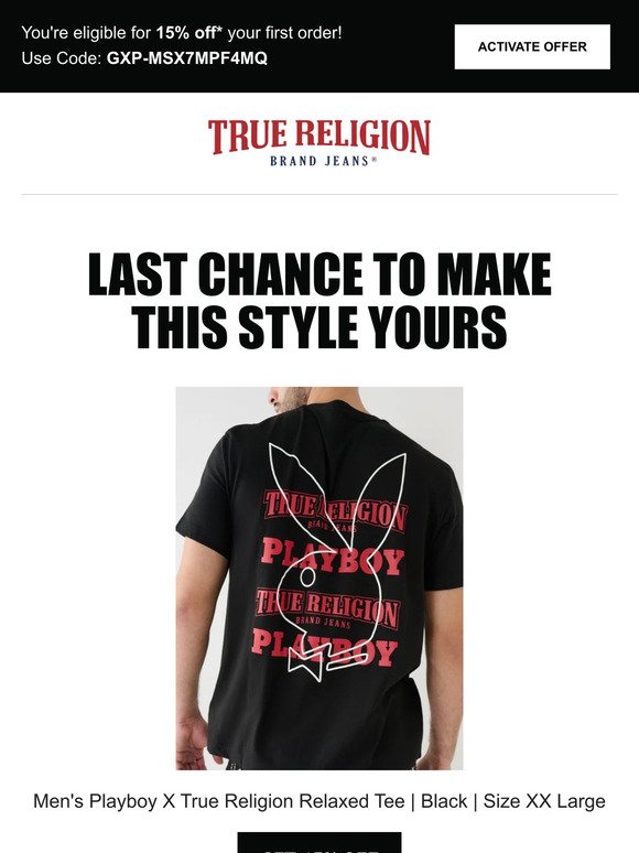 ⌛ Last chance to get 15% off the Men's Playboy X True Religion Relaxed Tee | Black | Size XX Large! ⌛