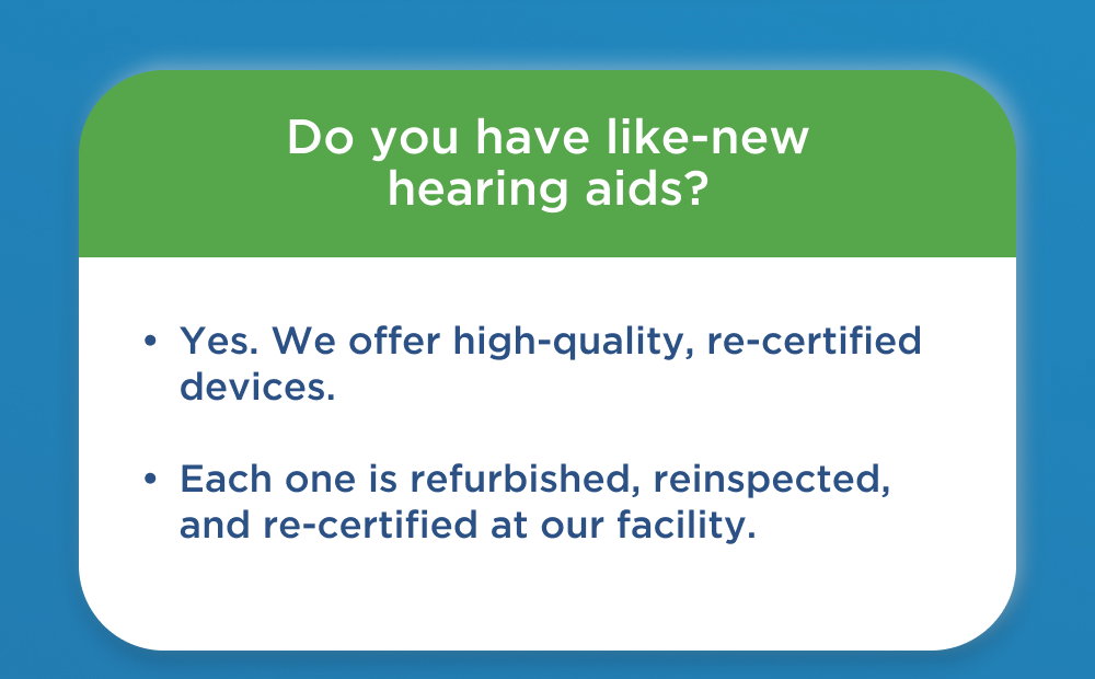 Questions about Refurbished Hearing Aids:   - Nano Refurbished hearing aids are high-quality, recertified devices.   - Refurbished, reinspected, and recertified at our facility.