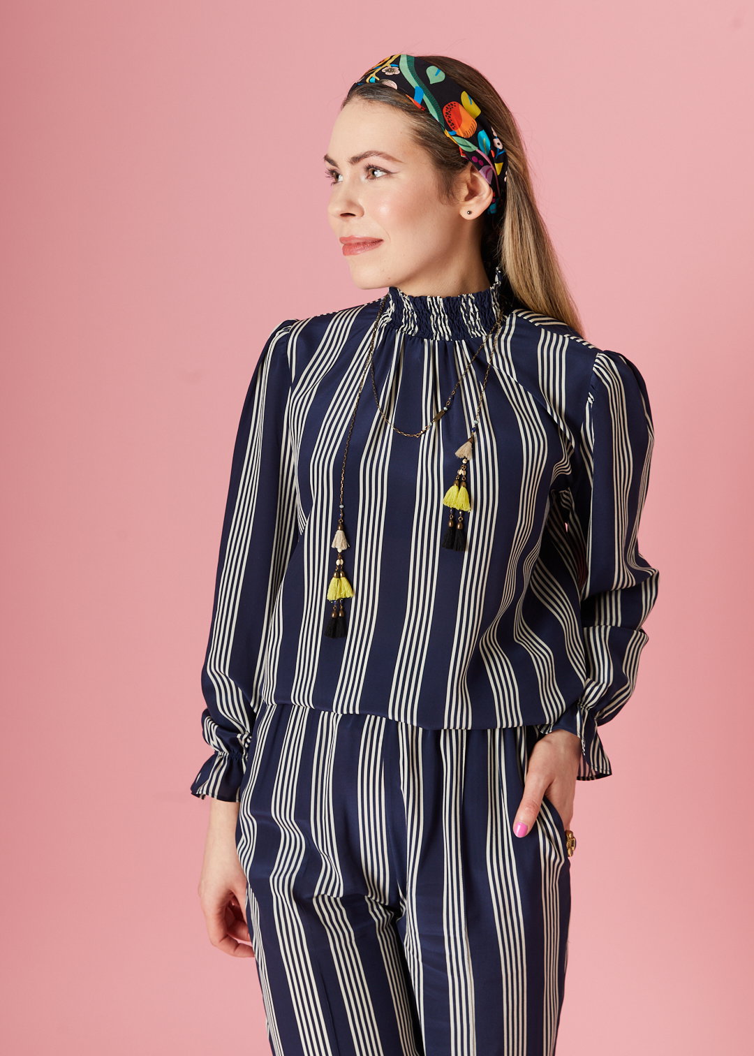 Julia wearing the stella top and camilla pant in navy retro stripe