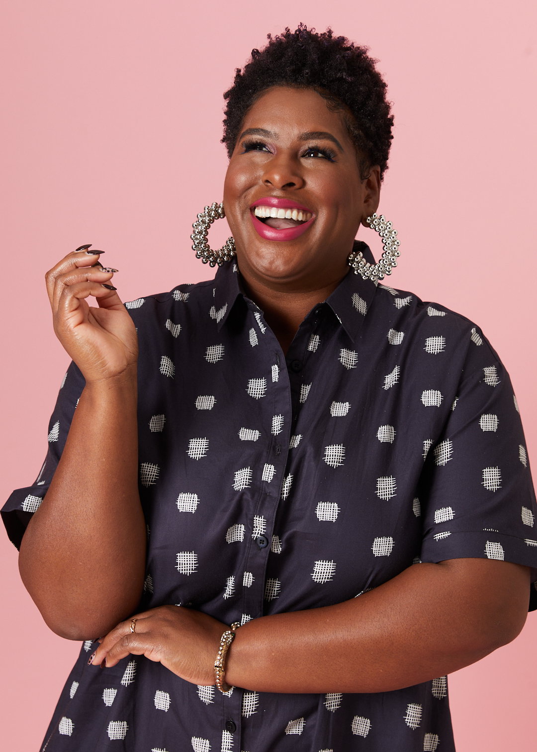 Myisha wearing Sarah Shirtdress in Cross Stitch