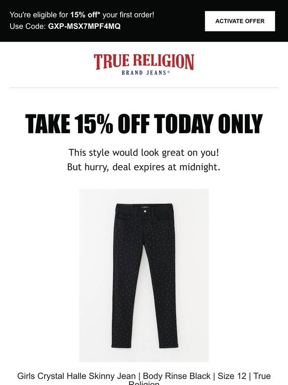 ⏰ Surprise, 15% offer extended! Buy Girls Crystal Halle Skinny Jean | Body Rinse Black | Size 12 | True Religion Now ⏰