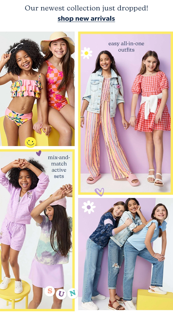 Our newest collection just dropped! Shop new arrivals. Easy all-in-one outfits. Mix-and-match active sets.