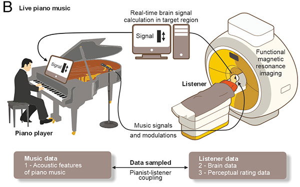 An infographic shows a piano player in a black suit sitting on a grand piano. They are looking at a screen displaying a real-time brain signal from a listener, a person whose head is being scanned in an MRI machine.