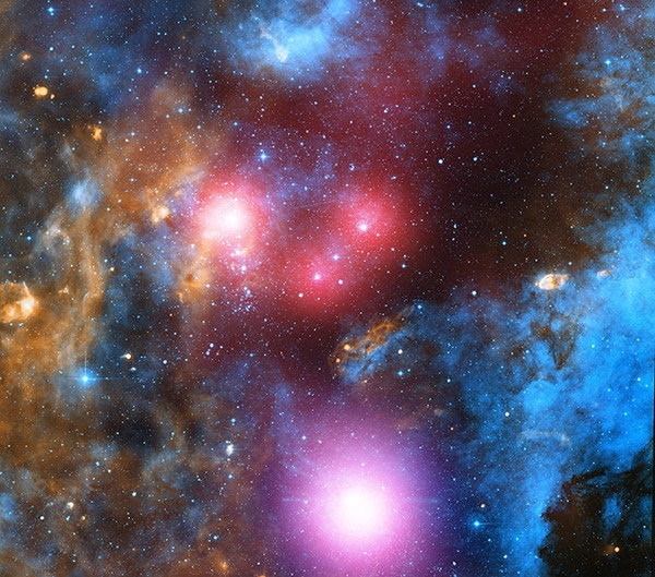 Sparkling stars in purple and pink hues are surrounded by blue and beige nebulas.