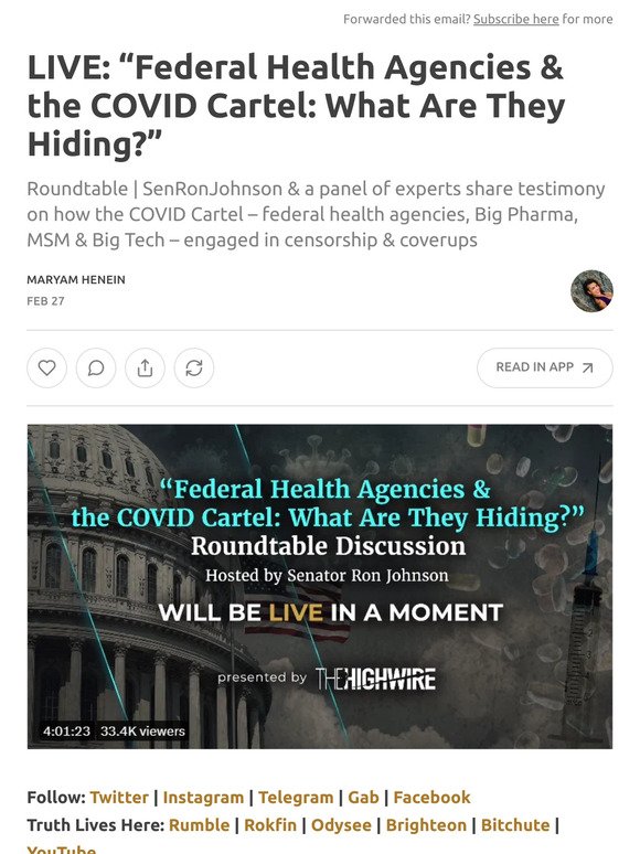 LIVE: “Federal Health Agencies & the COVID Cartel: What Are They Hiding?”