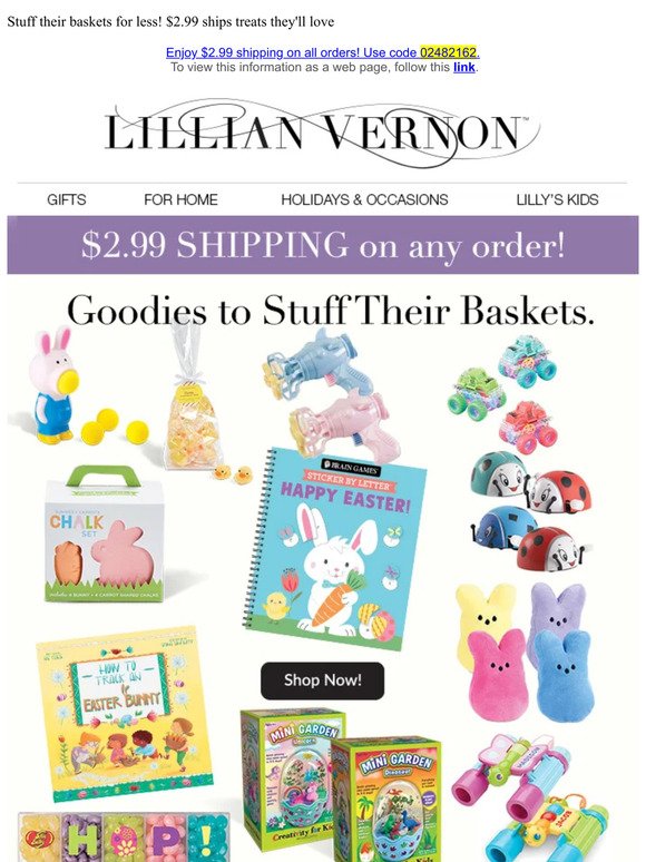 Stuff their baskets for less! $2.99 ships treats they'll love