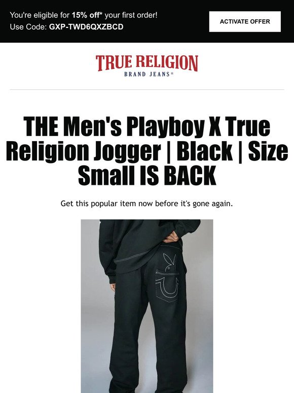 🔔 Reminder: The Men's Playboy X True Religion Jogger | Black | Size Small is available! Get 15% off 🔔