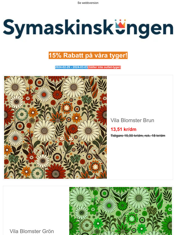 Rabatt på tyger!! rabatt på utvalda brodyr maskiner!!