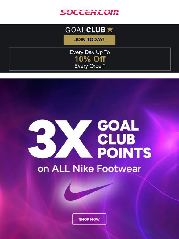 ⌛️ Only 1 Day Left: 3x Points On Nike Cleats for Goal Club Members