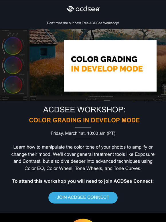 FREE Workshop, this Friday: Color Grading in Develop Mode! Join Now!