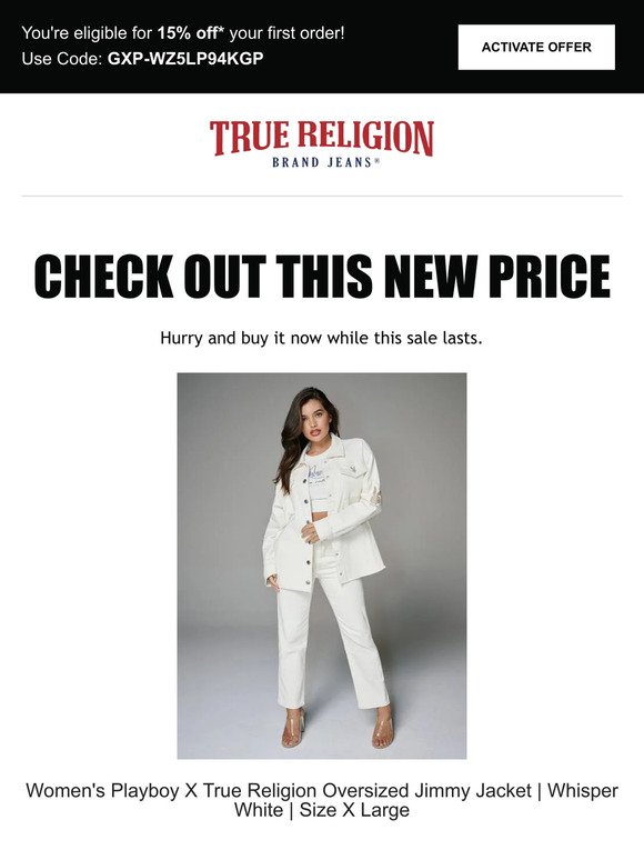 💲 Price drop! The Women's Playboy X True Religion Oversized Jimmy Jacket | Whisper White | Size X Large is now on sale… 💲
