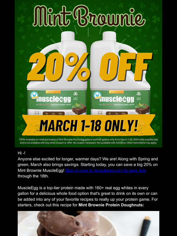 Save 20% on Mint Brownie MuscleEgg.