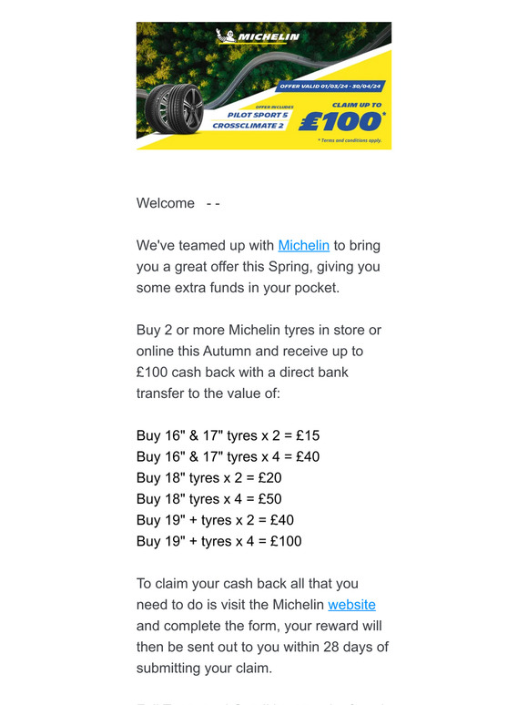 Claim up to £100 cash back with Michelin tyres!    — —
