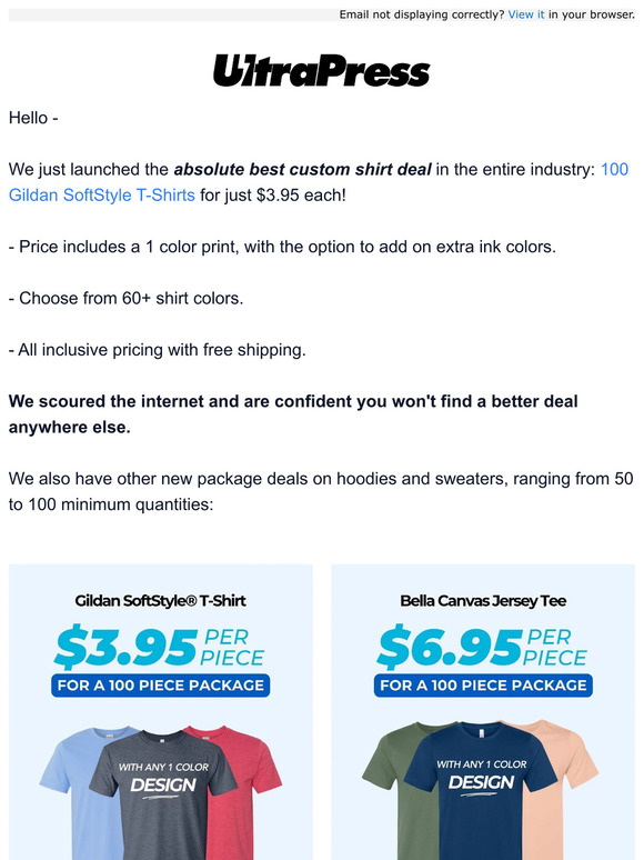 New $3.95 per shirt deal, with a 1 color print
