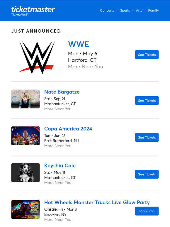 TicketmasterHomepageTiles WWE, Copa America 2024, Nate Bargatze