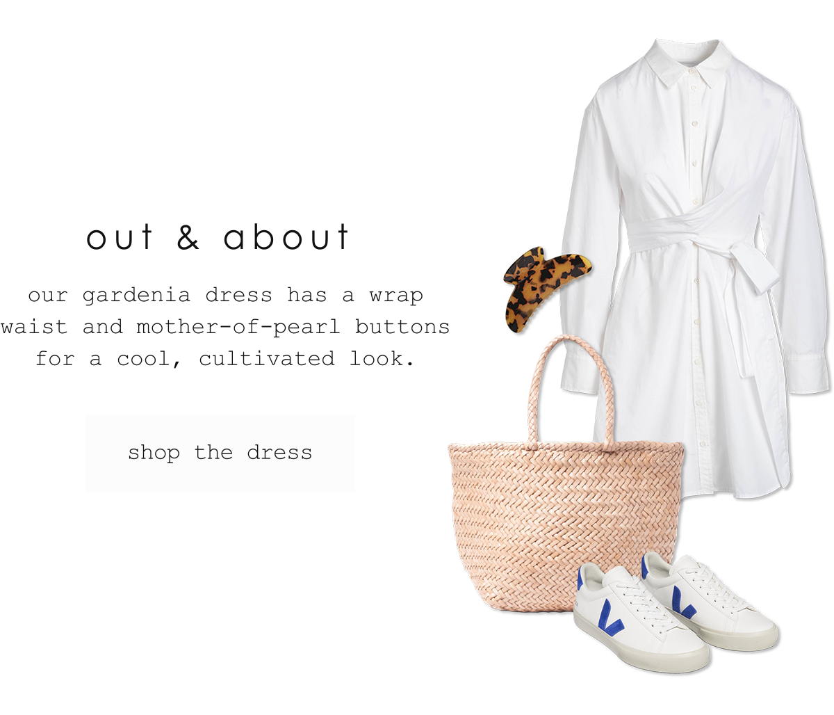 out & about. our gardenia dress has a wrap waist and mother-of-pearl buttons for a cool, cultivated look. shop the dress.