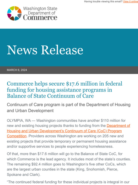 Commerce helps secure $17.6 million in federal funding for housing assistance programs