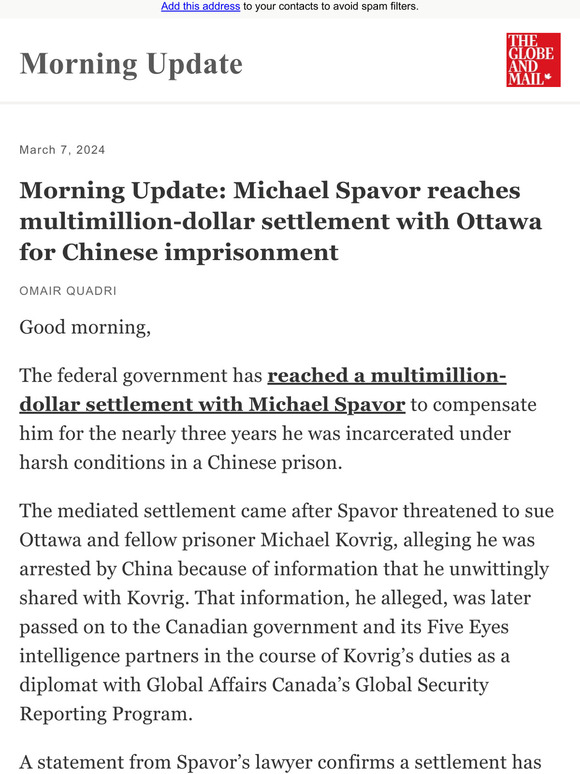 The Globe And Mail Morning Update Michael Spavor Reaches Multimillion