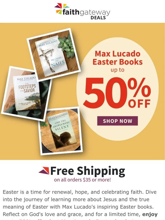save up to 50% on the Max Lucado Easter collection