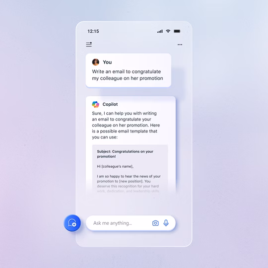 A chat screenshot where a user asks for help in writing a congratulatory email and Copilot provides a template. 