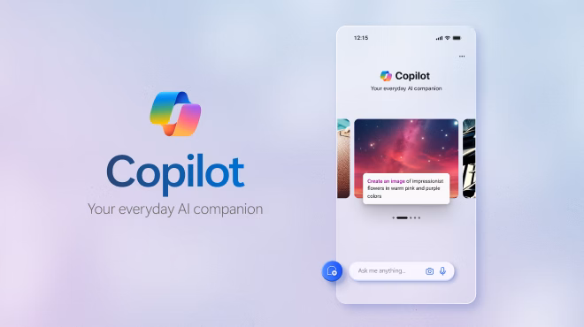 A promotional image for Copilot, showcasing the logo and a mobile app interface with the tagline “Your everyday AI companion”