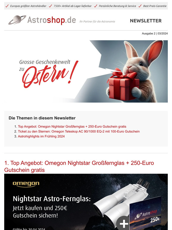 🌠 Omegon Nightstar Großfernglas + 250-Euro Gutschein gratis | Omegon Teleskop AC 90/1000 EQ-2 mit 100-Euro Gutschein | Astrohighlights im Frühling 💸