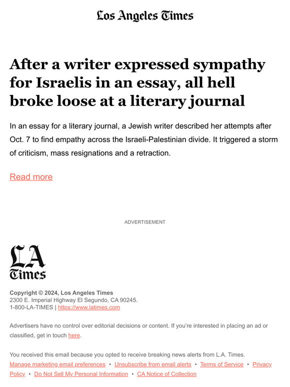 Los Angeles Times: After a writer expressed sympathy for Israelis in an ...