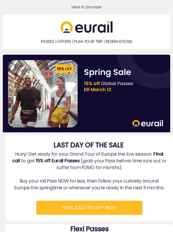 Final call! 15% off Eurail Passes 🚂