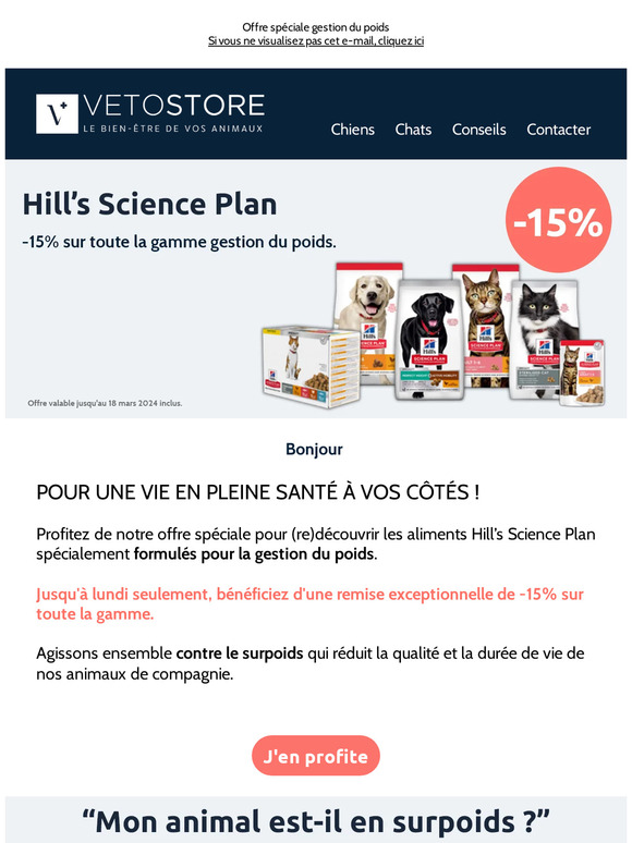 -15% sur toute la gamme Hill's Science Plan gestion du poids