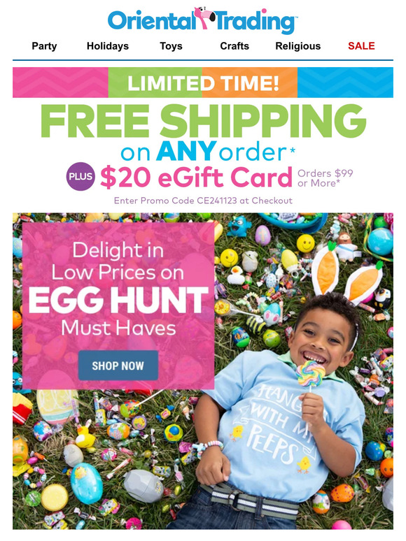 Oriental Trading Company Free Shipping on ANY Order + 20 eGift Card